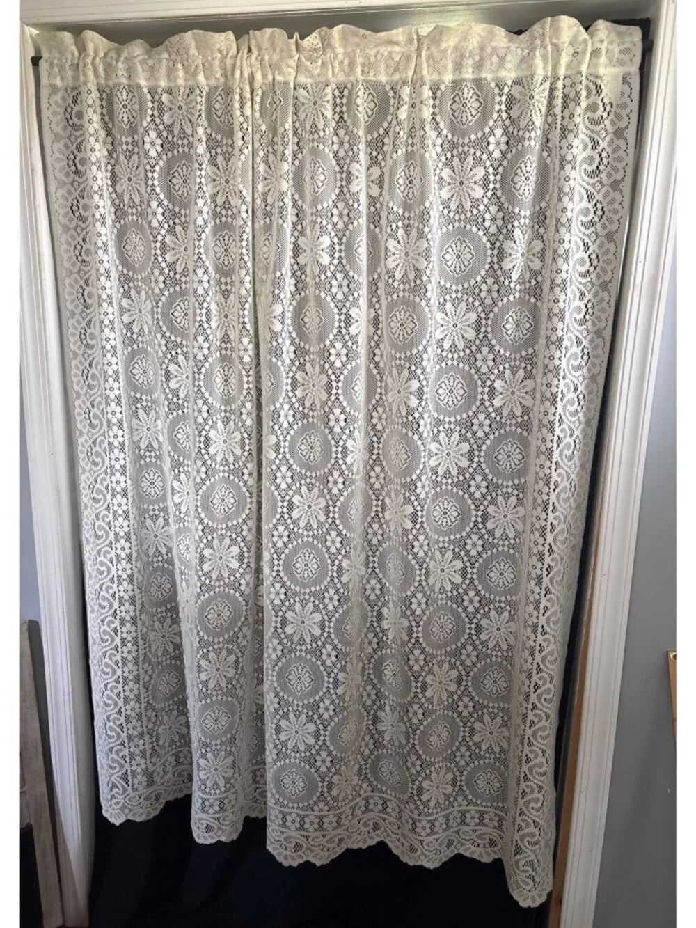 Cream Lace Window Balloon Valance 58W x 62L Sheer Floral Pattern Curtain Panel